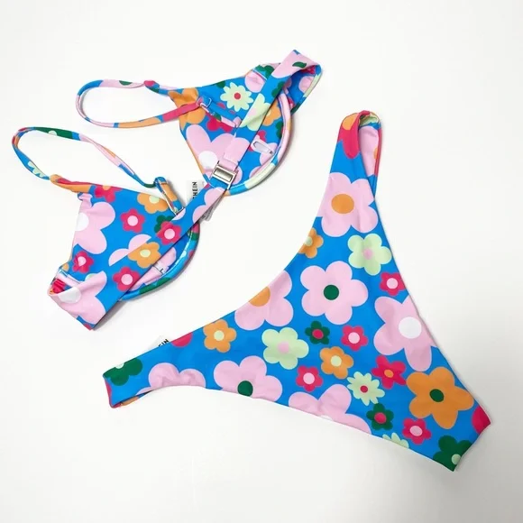 SHEIN Colorful Flower Print Blue Women Two Piece Bikini Size Large - Picture 4 of 4